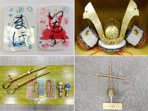 ①くずし字で書いた自分の名前入りのキーホルダーを作ろう ②こども歴史体験コーナー